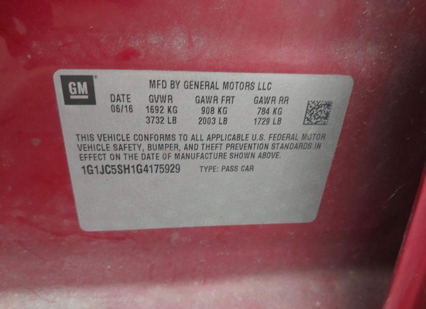 Photo 9 of 2016 Chevrolet Sonic LT AUTO (VIN 1G1JC5SH1G4175929)