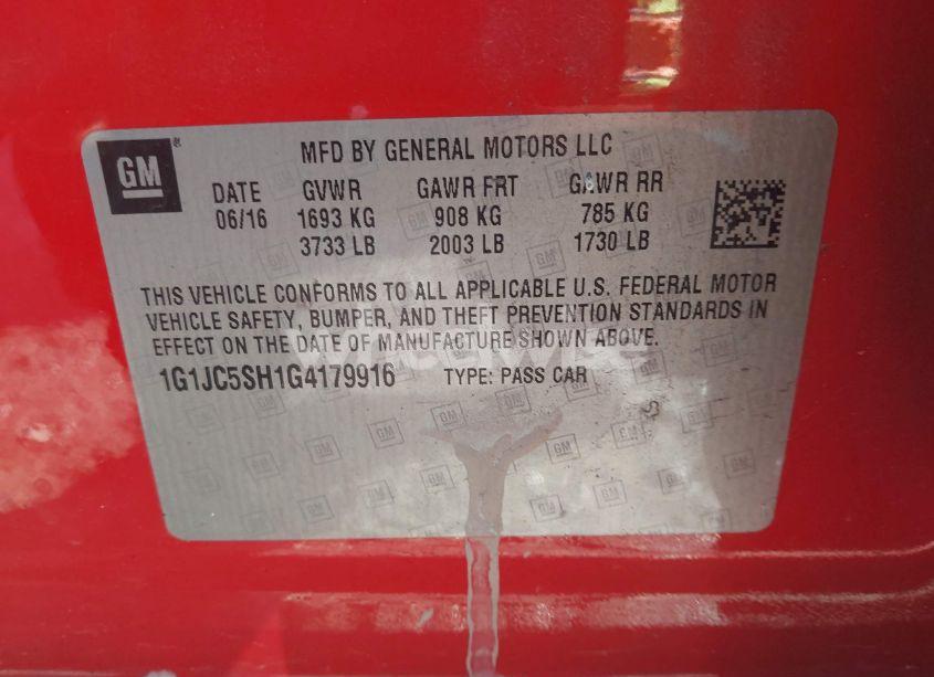 Photo 9 of 2016 Chevrolet Sonic LT AUTO (VIN 1G1JC5SH1G4179916)