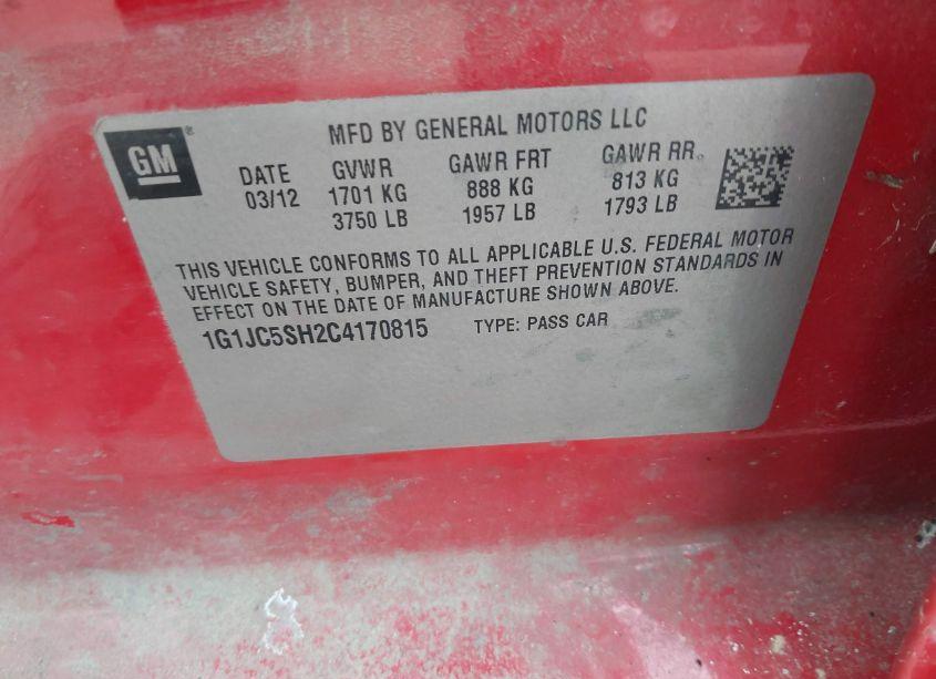 Photo 9 of 2012 Chevrolet Sonic 2LT (VIN 1G1JC5SH2C4170815)