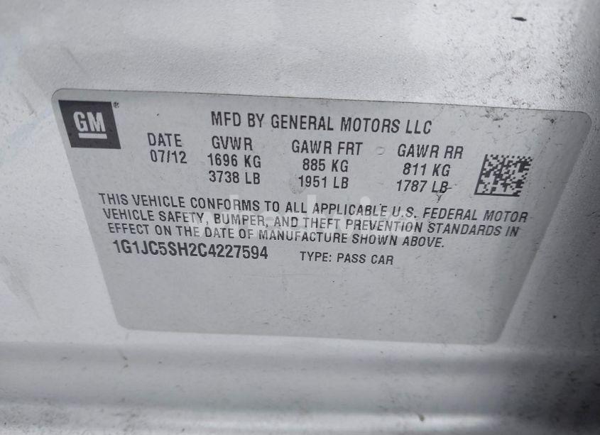 Photo 9 of 2012 Chevrolet Sonic 2LT (VIN 1G1JC5SH2C4227594)