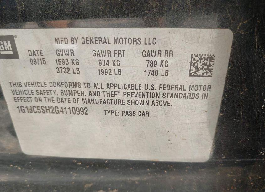 Photo 9 of 2016 Chevrolet Sonic LT AUTO (VIN 1G1JC5SH2G4110992)