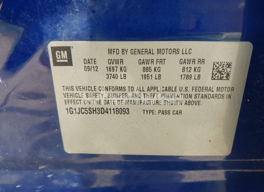 Photo 9 of 2013 Chevrolet Sonic LT AUTO (VIN 1G1JC5SH3D4118093)