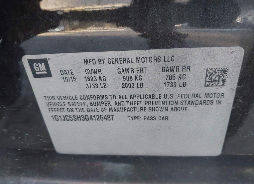 Photo 9 of 2016 Chevrolet Sonic LT AUTO (VIN 1G1JC5SH3G4126487)