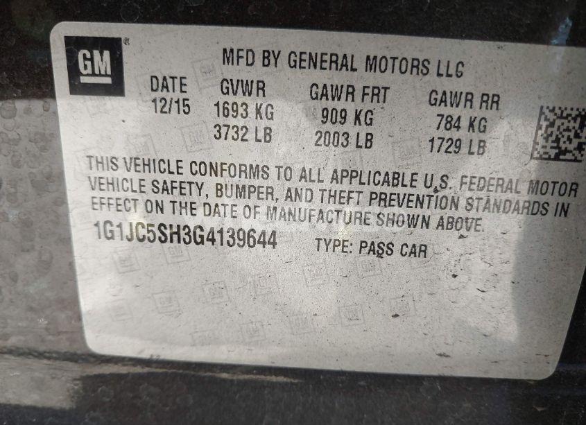 Photo 9 of 2016 Chevrolet Sonic LT AUTO (VIN 1G1JC5SH3G4139644)