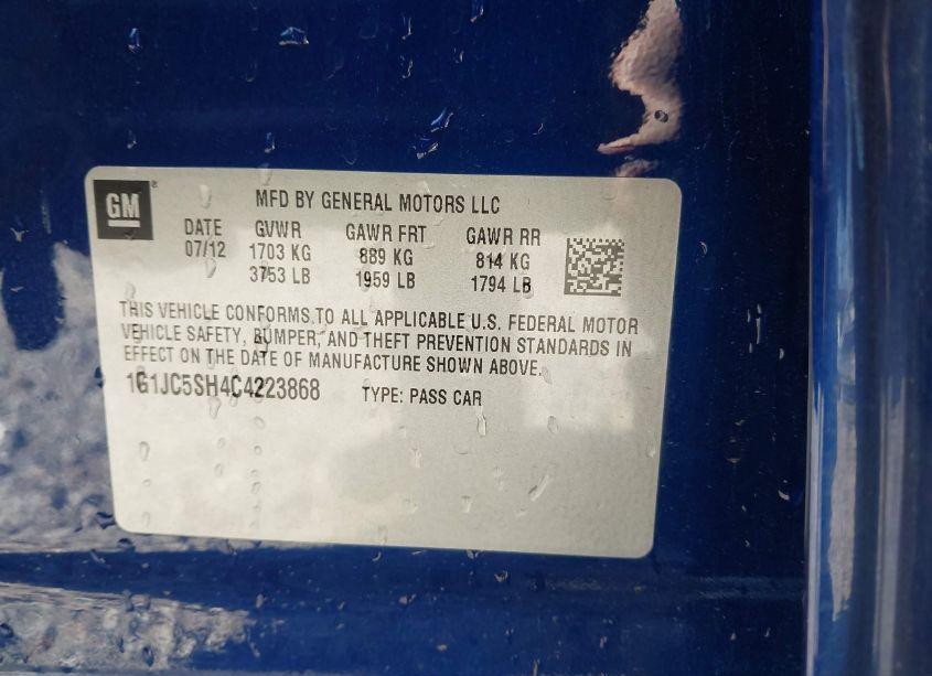 Photo 9 of 2012 Chevrolet Sonic 2LT (VIN 1G1JC5SH4C4223868)