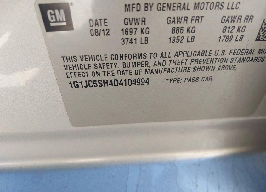 Photo 9 of 2013 Chevrolet Sonic LT AUTO (VIN 1G1JC5SH4D4104994)