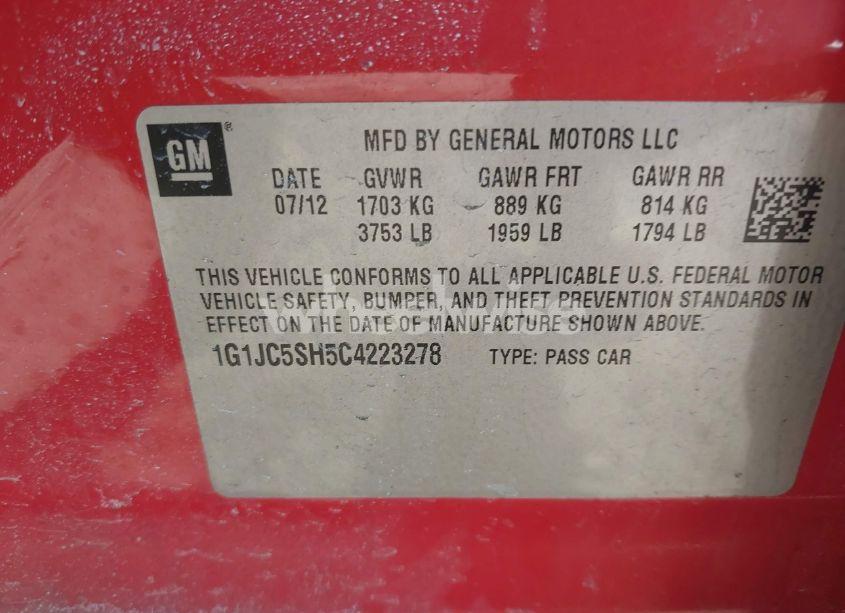 Photo 9 of 2012 Chevrolet Sonic 2LT (VIN 1G1JC5SH5C4223278)