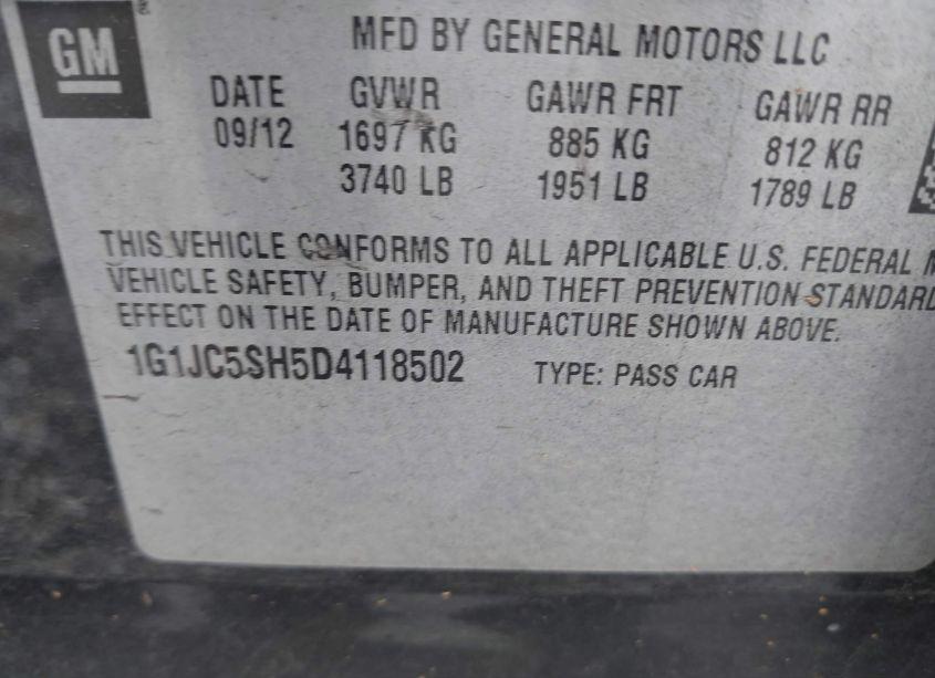 Photo 9 of 2013 Chevrolet Sonic LT AUTO (VIN 1G1JC5SH5D4118502)