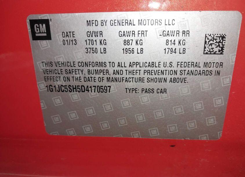 Photo 9 of 2013 Chevrolet Sonic LT AUTO (VIN 1G1JC5SH5D4170597)