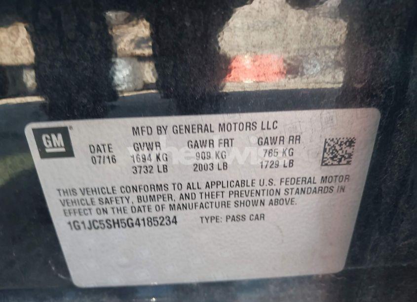 Photo 9 of 2016 Chevrolet Sonic LT AUTO (VIN 1G1JC5SH5G4185234)