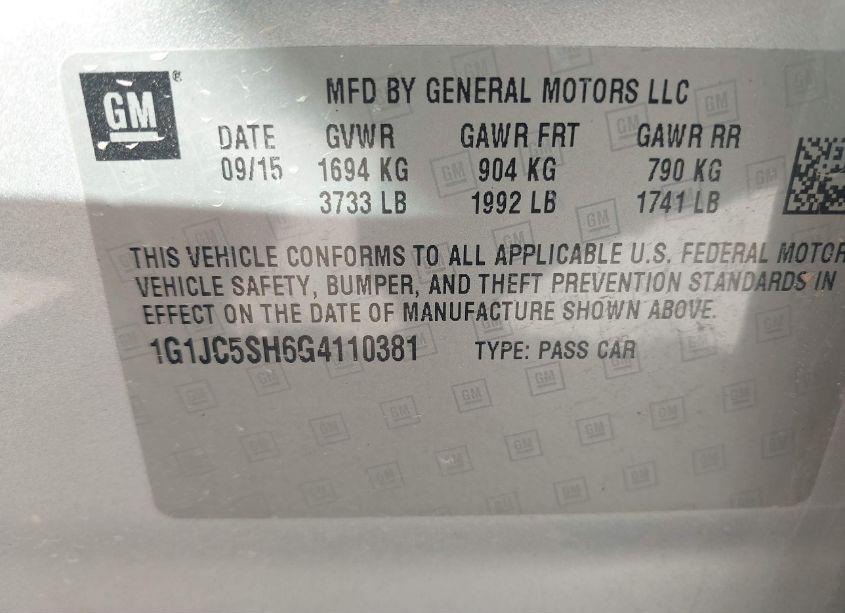 Photo 9 of 2016 Chevrolet Sonic LT AUTO (VIN 1G1JC5SH6G4110381)