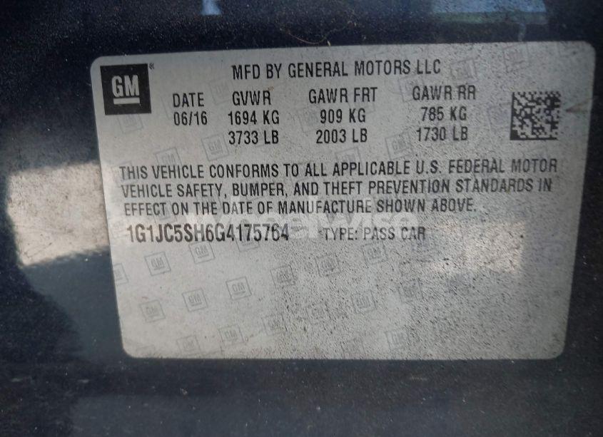 Photo 9 of 2016 Chevrolet Sonic LT AUTO (VIN 1G1JC5SH6G4175764)