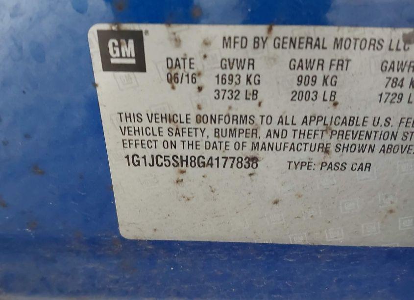 Photo 9 of 2016 Chevrolet Sonic LT AUTO (VIN 1G1JC5SH8G4177838)