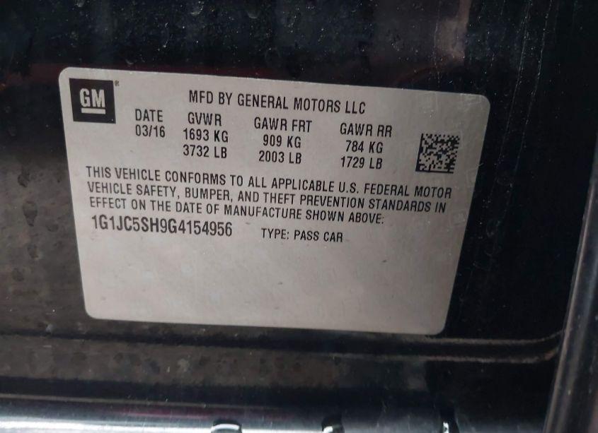 Photo 9 of 2016 Chevrolet Sonic LT AUTO (VIN 1G1JC5SH9G4154956)