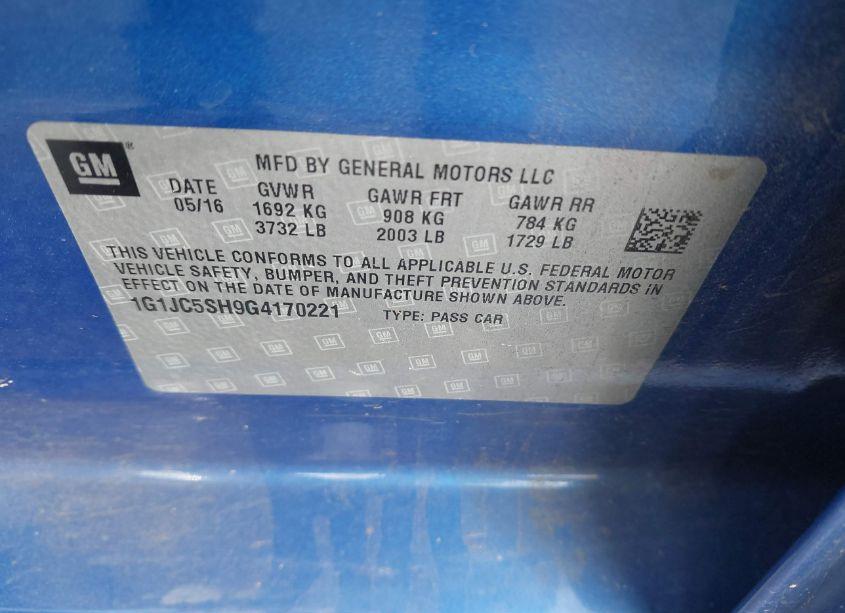 Photo 9 of 2016 Chevrolet Sonic LT AUTO (VIN 1G1JC5SH9G4170221)