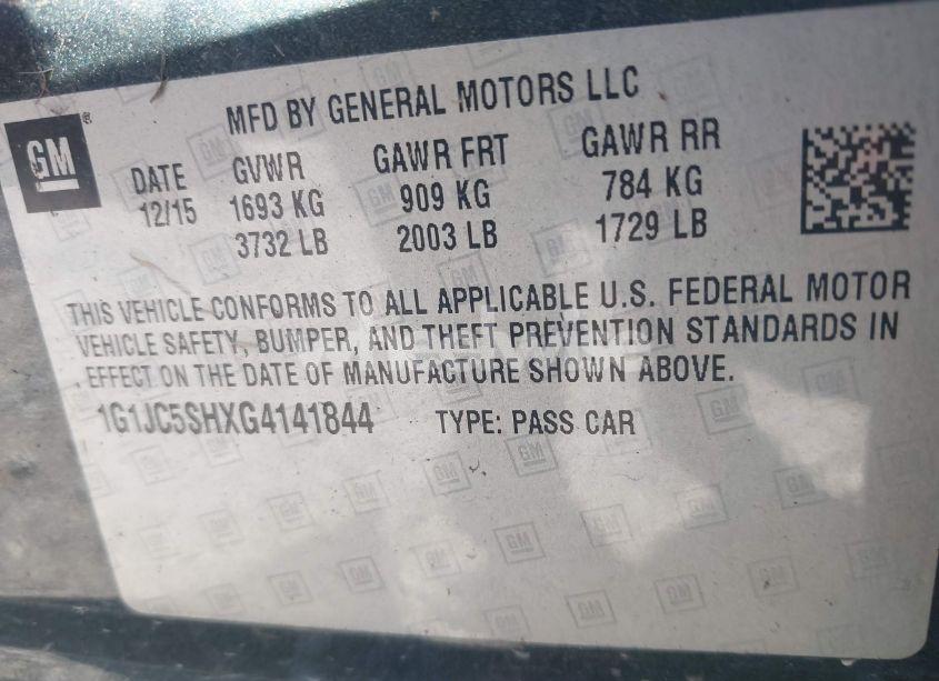 Photo 9 of 2016 Chevrolet Sonic LT AUTO (VIN 1G1JC5SHXG4141844)