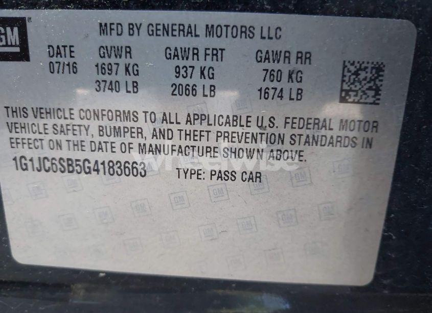 Photo 9 of 2016 Chevrolet Sonic LT AUTO (VIN 1G1JC6SB5G4183663)