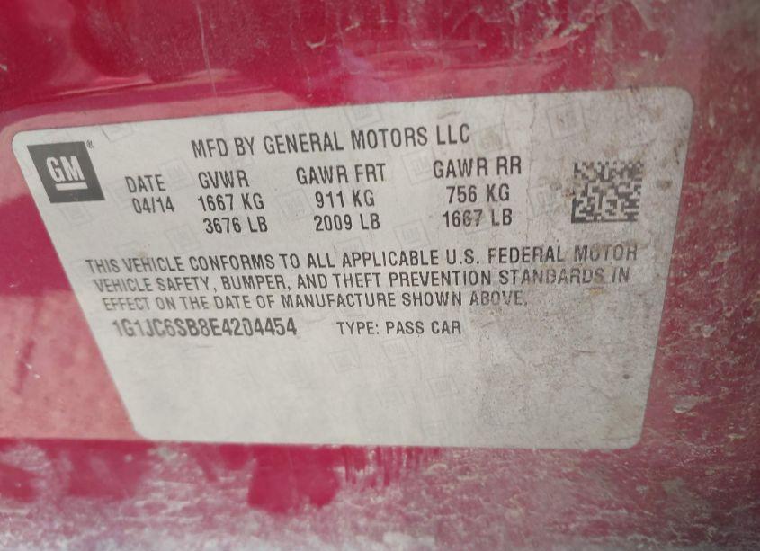 Photo 9 of 2014 Chevrolet Sonic LT AUTO (VIN 1G1JC6SB8E4204454)