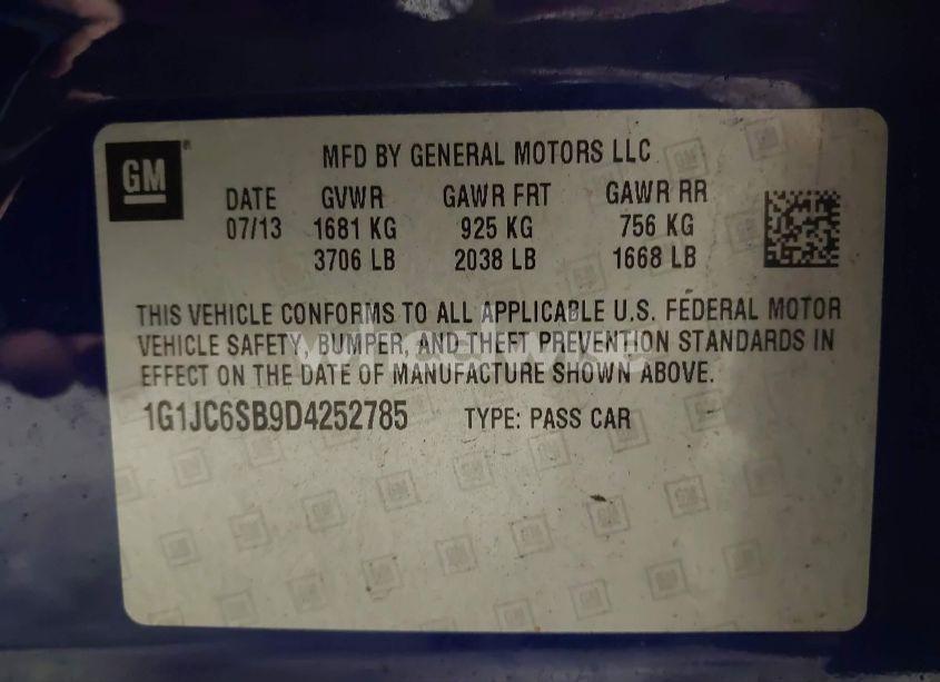 Photo 9 of 2013 Chevrolet Sonic LT AUTO (VIN 1G1JC6SB9D4252785)