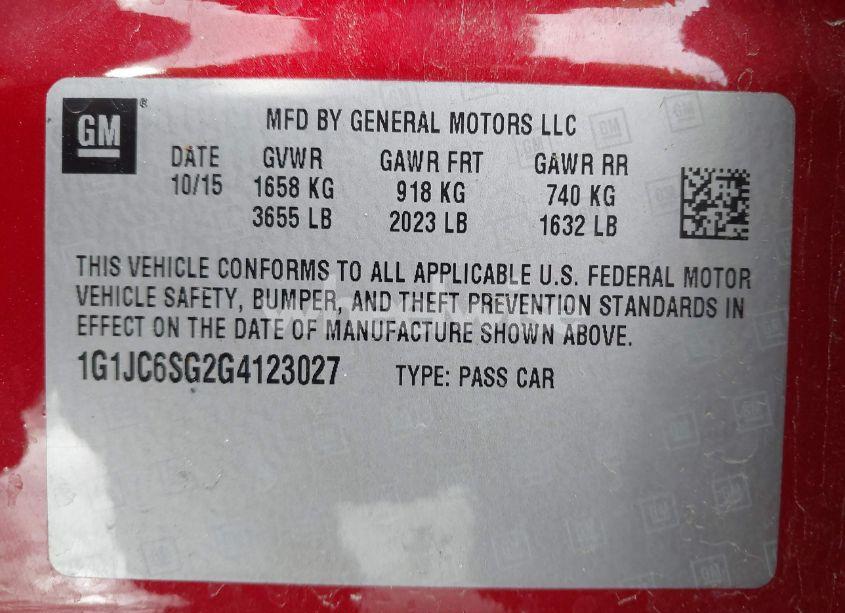 Photo 9 of 2016 Chevrolet Sonic LT AUTO (VIN 1G1JC6SG2G4123027)