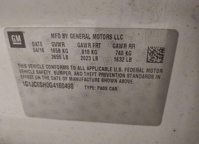 Photo 9 of 2016 Chevrolet Sonic LT AUTO (VIN 1G1JC6SH0G4160490)