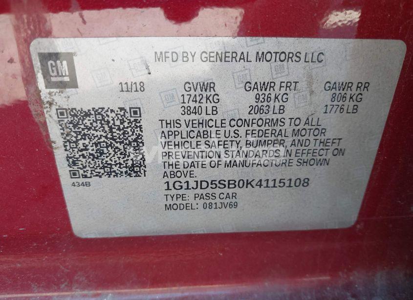 Photo 9 of 2019 Chevrolet Sonic LT AUTO (VIN 1G1JD5SB0K4115108)