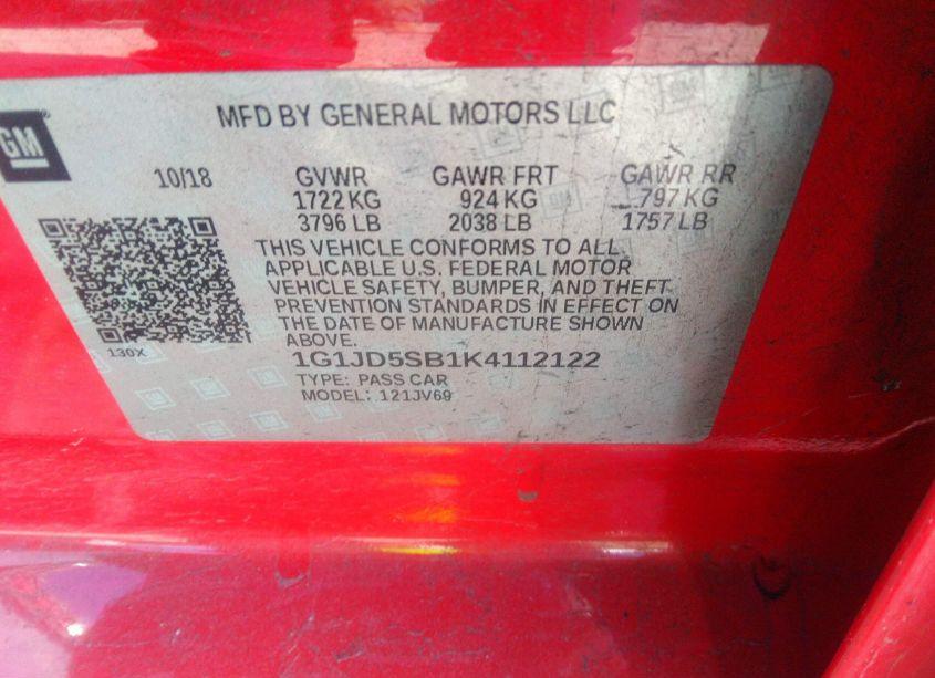 Photo 9 of 2019 Chevrolet Sonic LT AUTO (VIN 1G1JD5SB1K4112122)