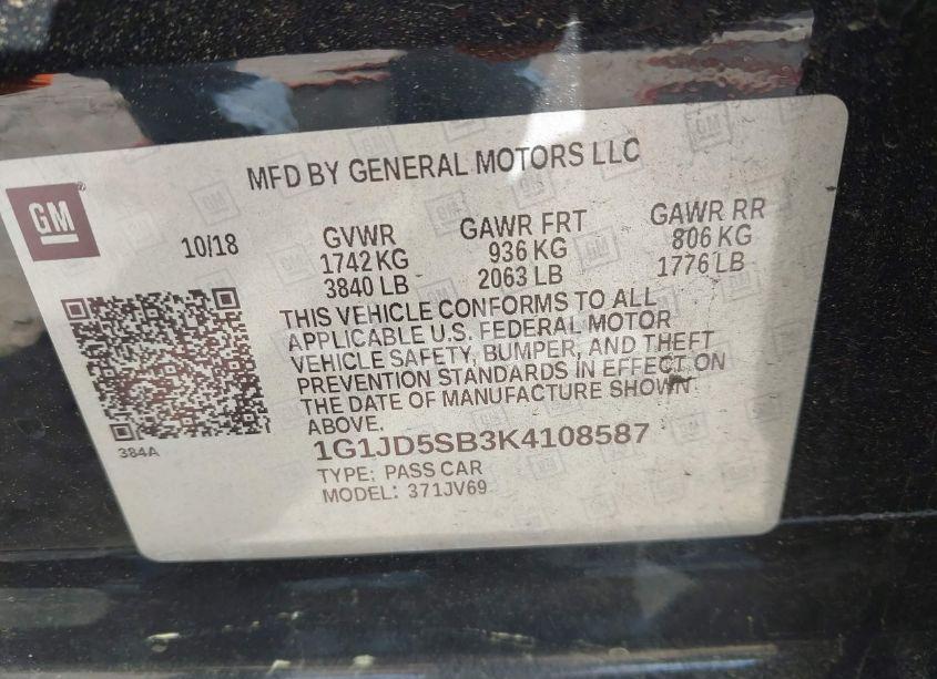 Photo 9 of 2019 Chevrolet Sonic LT AUTO (VIN 1G1JD5SB3K4108587)