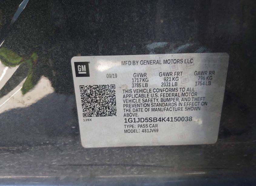 Photo 9 of 2019 Chevrolet Sonic LT AUTO (VIN 1G1JD5SB4K4150038)