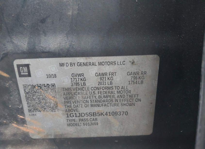 Photo 9 of 2019 Chevrolet Sonic LT AUTO (VIN 1G1JD5SB5K4109370)