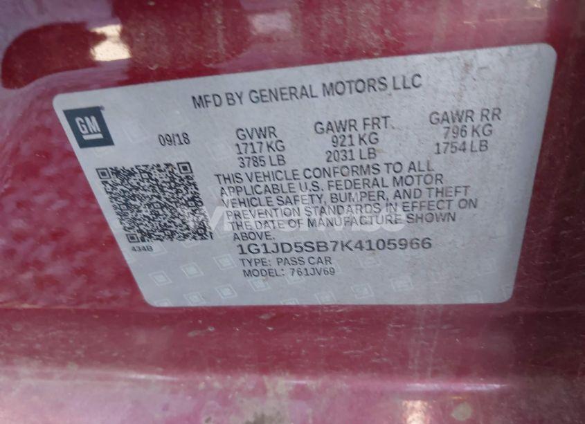 Photo 9 of 2019 Chevrolet Sonic LT AUTO (VIN 1G1JD5SB7K4105966)