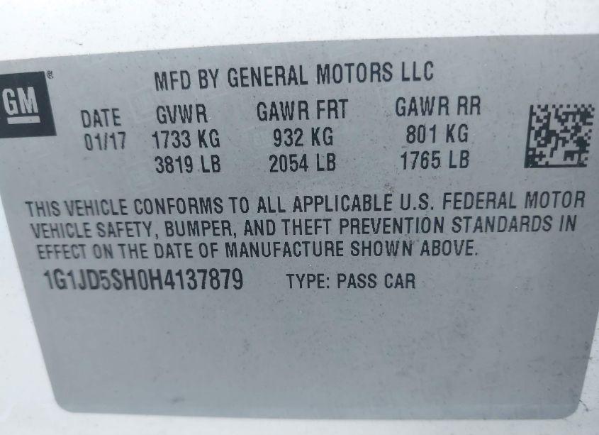 Photo 9 of 2017 Chevrolet Sonic LT AUTO (VIN 1G1JD5SH0H4137879)