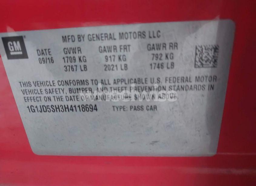 Photo 9 of 2017 Chevrolet Sonic LT AUTO (VIN 1G1JD5SH3H4118694)