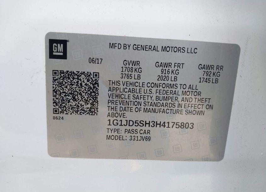 Photo 9 of 2017 Chevrolet Sonic LT AUTO (VIN 1G1JD5SH3H4175803)