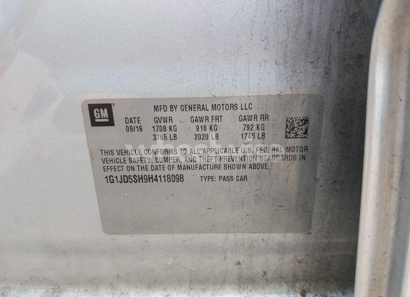 Photo 9 of 2017 Chevrolet Sonic LT AUTO (VIN 1G1JD5SH9H4118098)