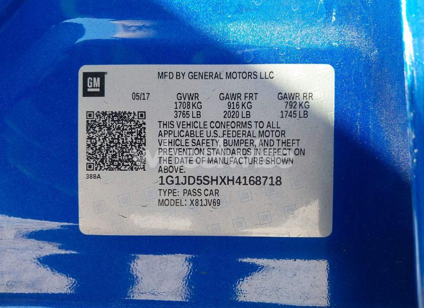 Photo 9 of 2017 Chevrolet Sonic LT AUTO (VIN 1G1JD5SHXH4168718)