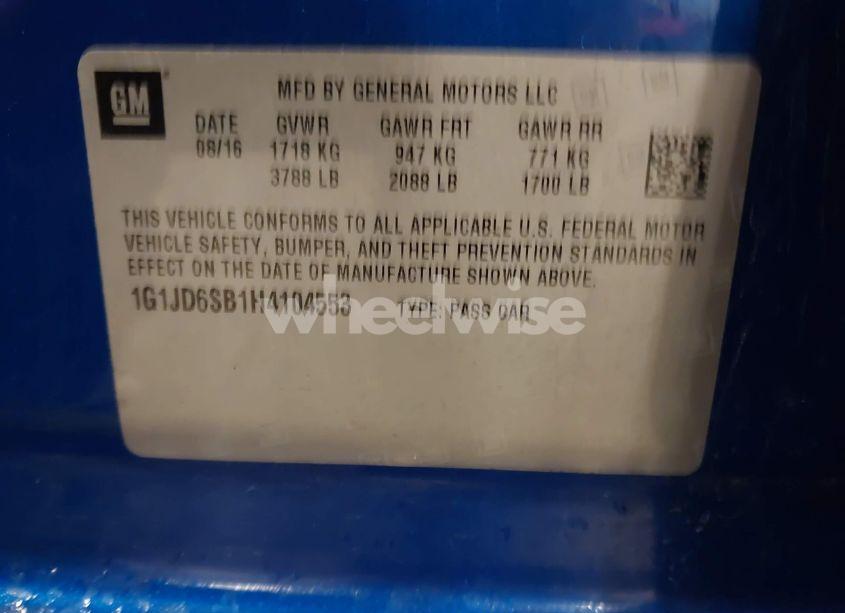 Photo 9 of 2017 Chevrolet Sonic LT AUTO (VIN 1G1JD6SB1H4104553)