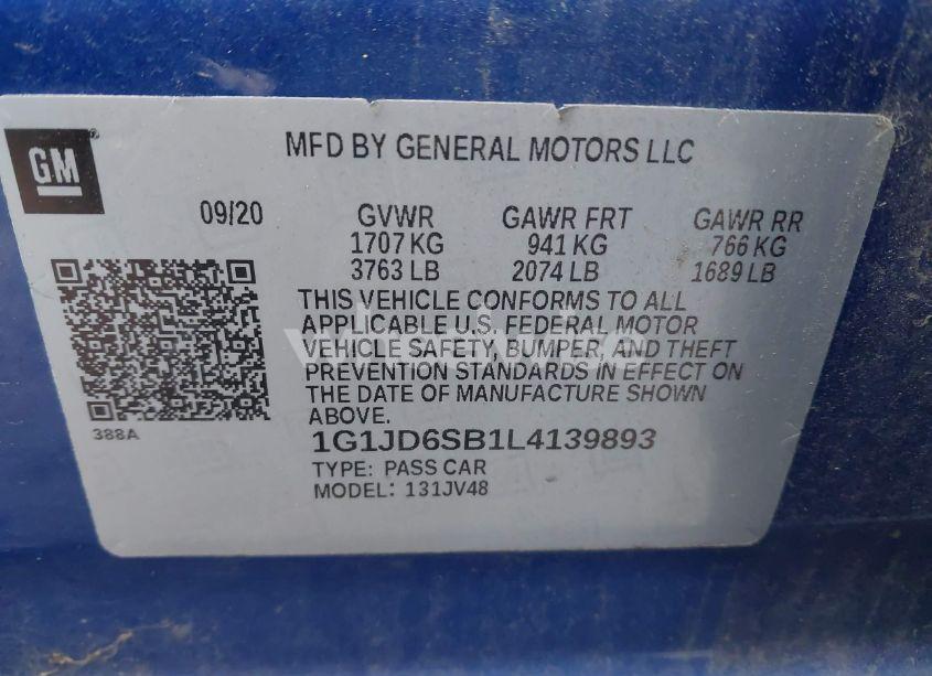 Photo 9 of 2020 Chevrolet Sonic (VIN 1G1JD6SB1L4139893)