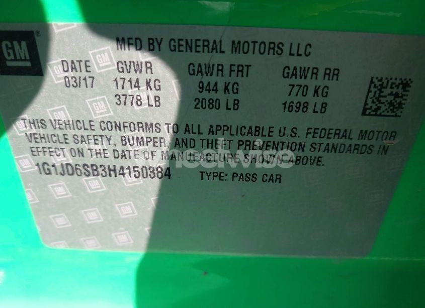 Photo 9 of 2017 Chevrolet Sonic LT AUTO (VIN 1G1JD6SB3H4150384)