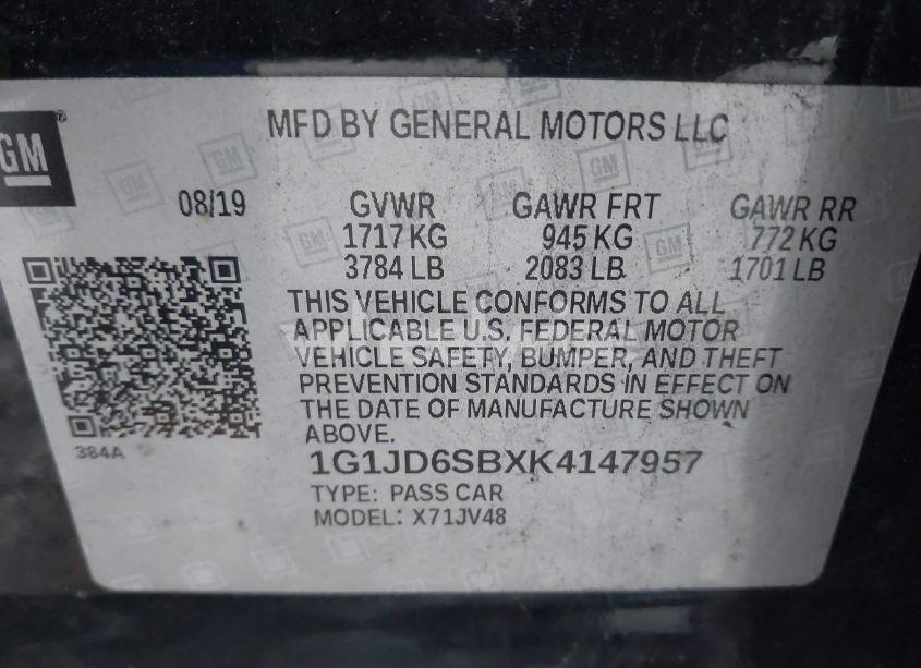 Photo 9 of 2019 Chevrolet Sonic LT AUTO (VIN 1G1JD6SBXK4147957)