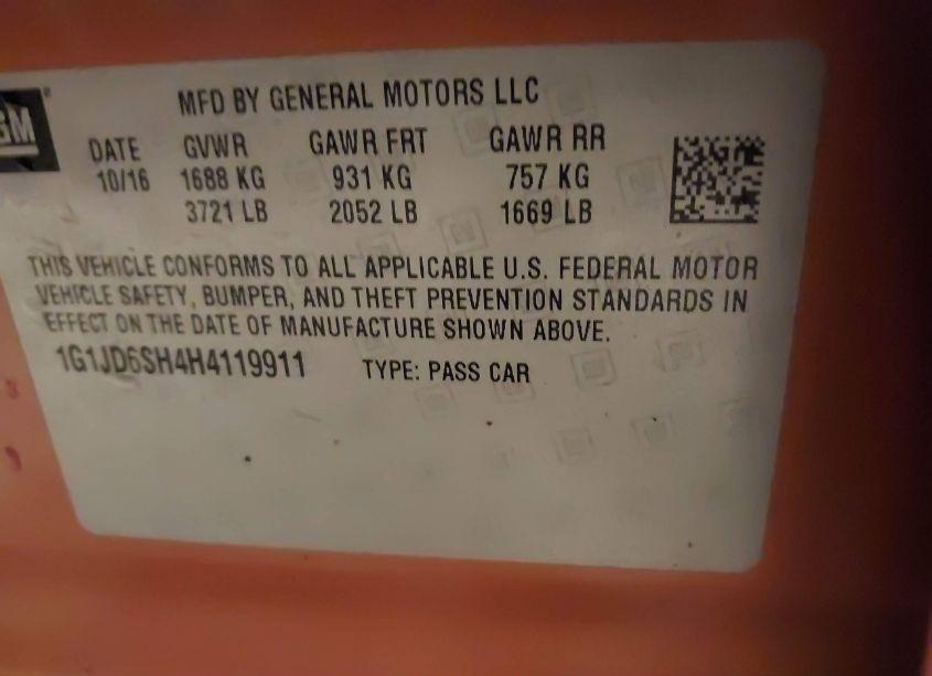 Photo 9 of 2017 Chevrolet Sonic LT AUTO (VIN 1G1JD6SH4H4119911)