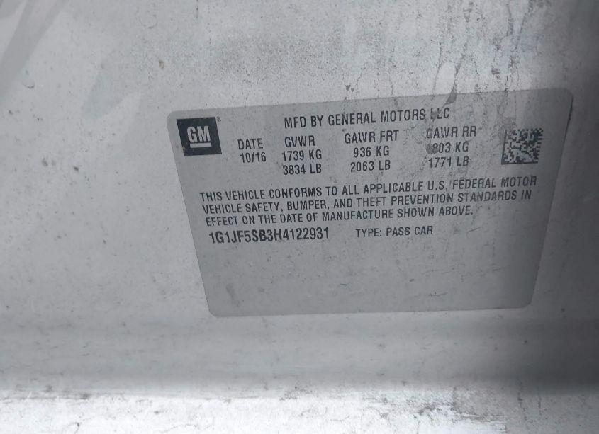 Photo 9 of 2017 Chevrolet Sonic PREMIER AUTO (VIN 1G1JF5SB3H4122931)