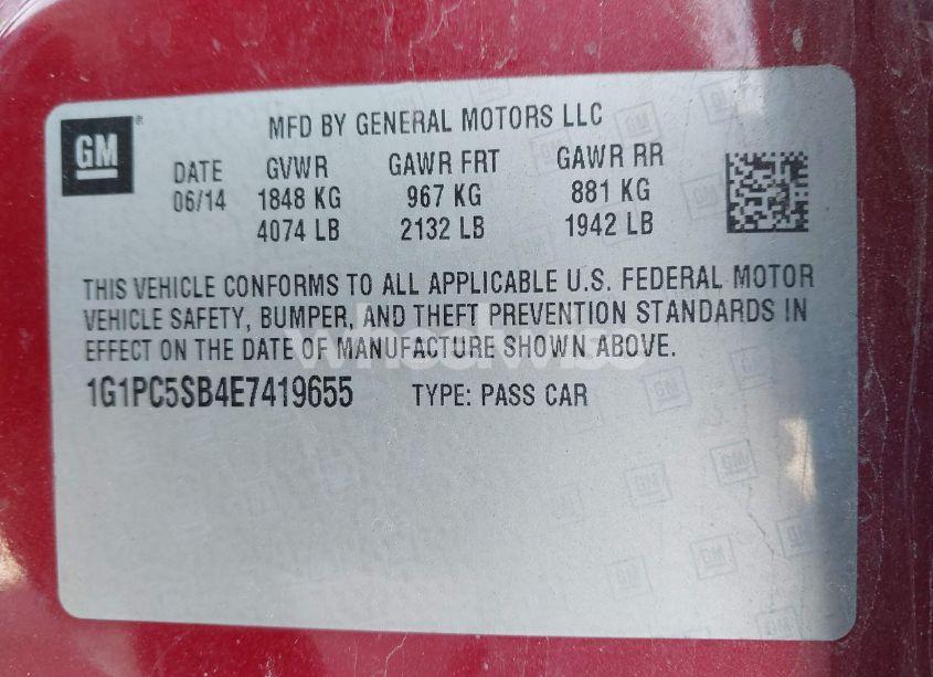 Photo 9 of 2014 Chevrolet Cruze 1LT AUTO (VIN 1G1PC5SB4E7419655)