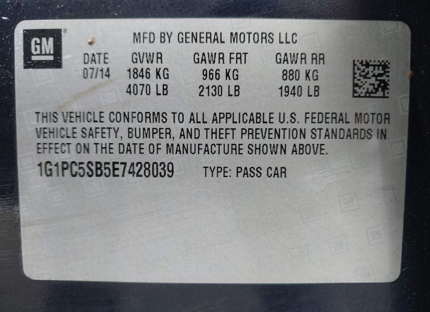 Photo 9 of 2014 Chevrolet Cruze 1LT AUTO (VIN 1G1PC5SB5E7428039)