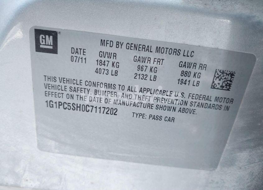 Photo 9 of 2012 Chevrolet Cruze LS (VIN 1G1PC5SH0C7117202)
