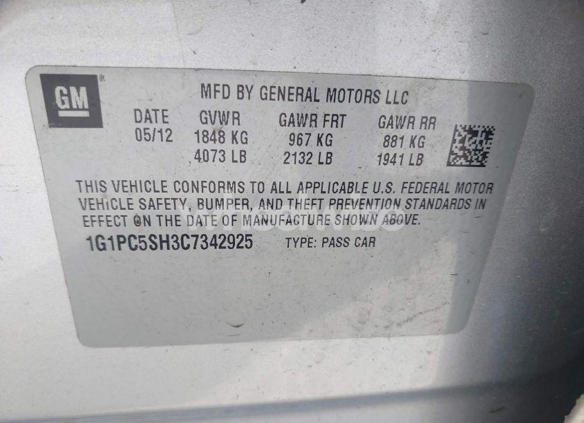 Photo 9 of 2012 Chevrolet Cruze LS (VIN 1G1PC5SH3C7342925)