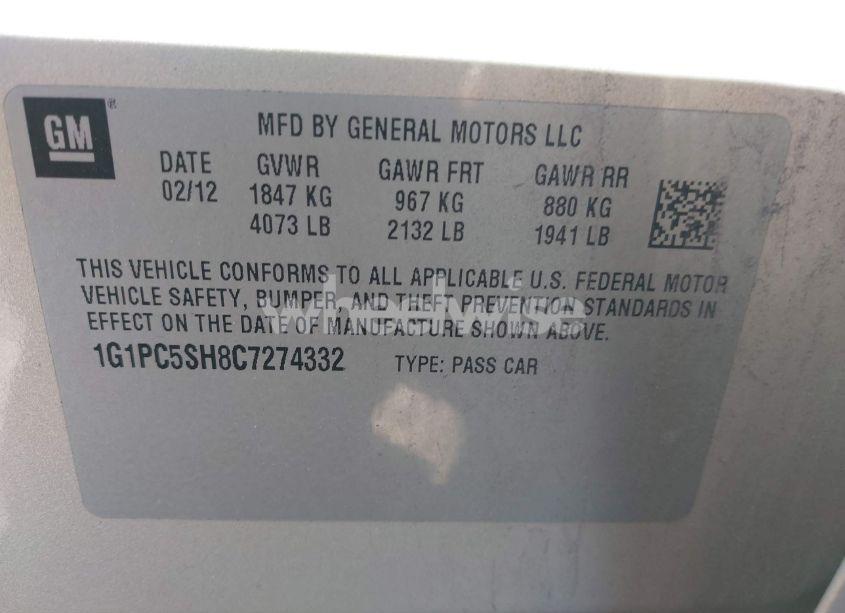 Photo 9 of 2012 Chevrolet Cruze LS (VIN 1G1PC5SH8C7274332)