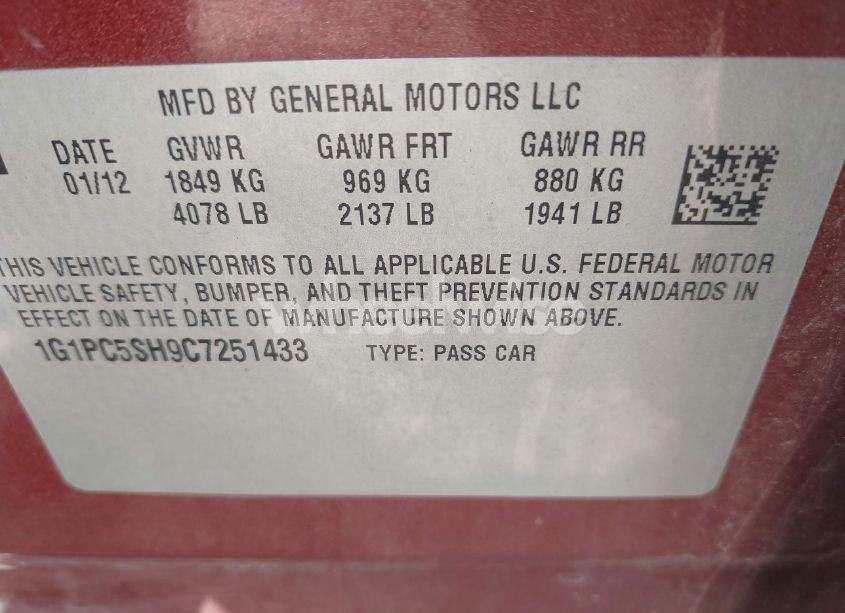 Photo 9 of 2012 Chevrolet Cruze LS (VIN 1G1PC5SH9C7251433)