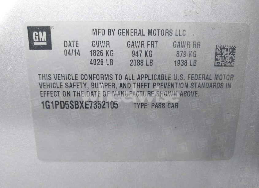 Photo 9 of 2014 Chevrolet Cruze 1LT MANUAL (VIN 1G1PD5SBXE7352105)