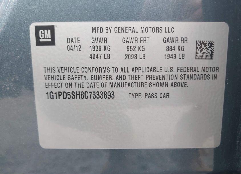 Photo 9 of 2012 Chevrolet Cruze LS (VIN 1G1PD5SH8C7333893)